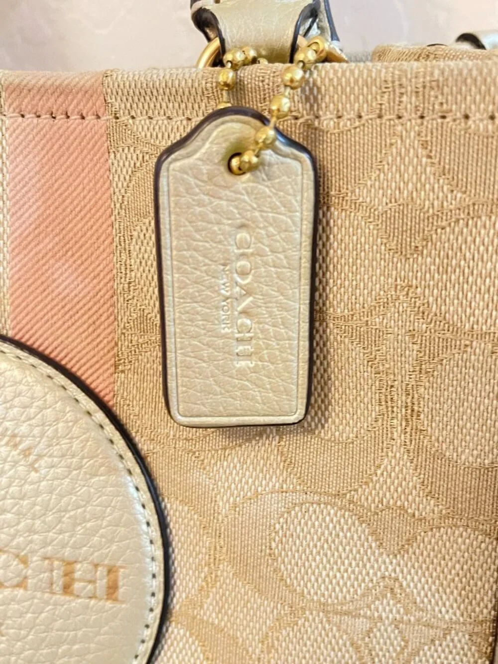 Coach Dempsey Tote 22 Crossbody Bag CG096 Signature Stripe Pink Khaki
